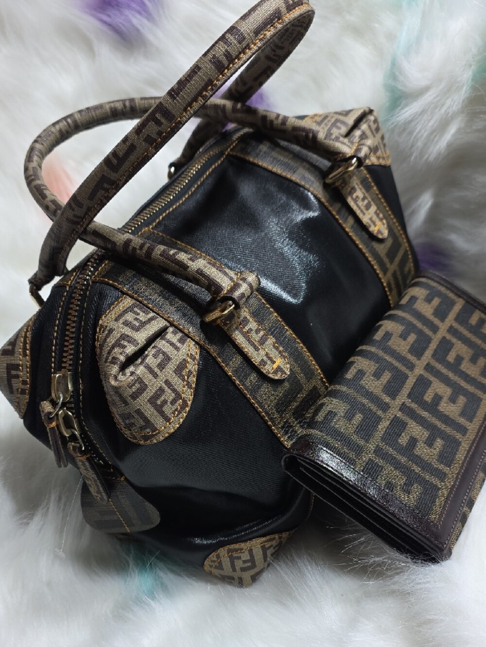Authentic Fendi Monogram Canvas Satchel and Wallet in Brown & Black - Picture 2 of 10